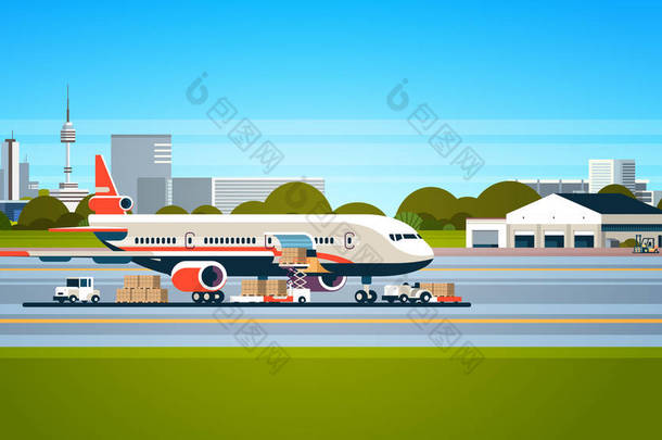 运输飞机快递准备飞行飞机机场空运货物国际运输概念叉车装载箱平水平