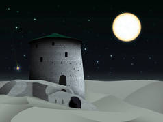夜的风景与老塔和毁坏的墙壁在沙漠, 在星空与明亮的满月和下落的星