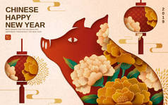 中国新年设计与牡丹花在小猪和灯笼, 幸运词写在汉子