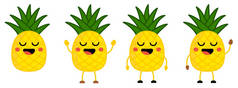 可爱的卡瓦伊风格的菠萝水果图标, 闭着眼睛, 张开嘴微笑。举手之劳, 放下双手, 挥手致意.