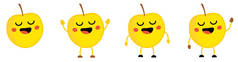 可爱的卡瓦伊风格的苹果水果图标,眼睛闭上,笑着张开嘴.手举高、低、挥手的版本.