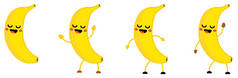 可爱的卡瓦伊风格香蕉水果图标, 闭着眼睛, 面带微笑, 张开嘴。举手之劳, 放下双手, 挥手致意.