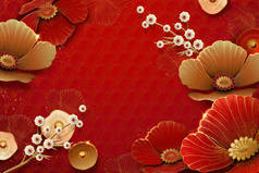 纸艺术红色背景上的花和梅花