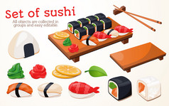 日本传统美食、 食品、 插图、 集寿司、 卷、 快餐、 寿司