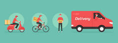 在线交付服务的概念，在线订单跟踪，交付货物和食品的家庭和办公室。货车、摩托车和自行车快递员，送货人戴口罩和手套，平面插图