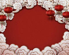 中国传统风格的背景与白云框架和挂灯笼