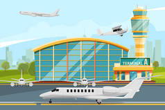 机场航站楼与控制塔的现代建筑。与飞机跑道