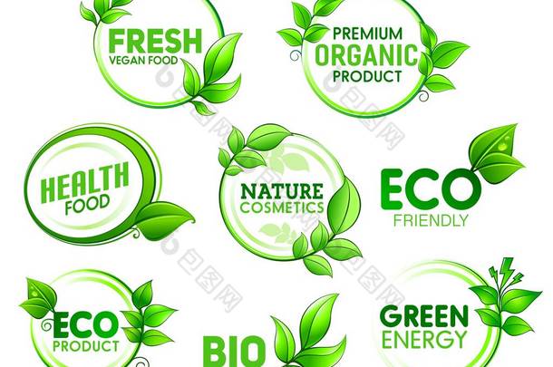 环保, 生物, 有机产品图标与绿叶