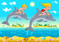 男孩、 女孩和海豚在大海中.