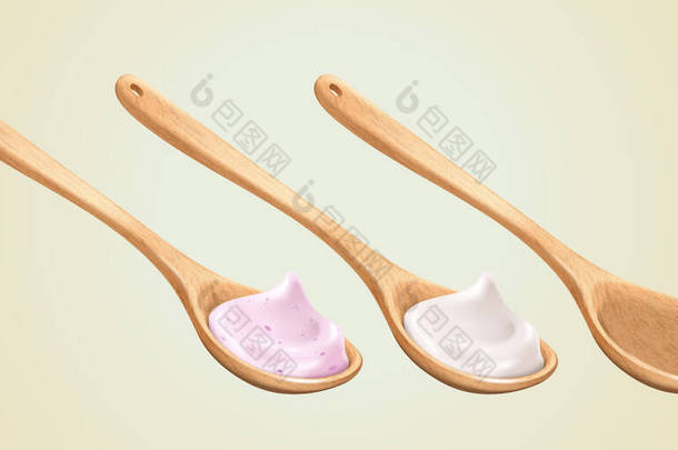 三个木制勺子被隔离在海带颜色的背景上，一个是草莓或蓝莓奶油，另一个是白色酸奶，3D插图