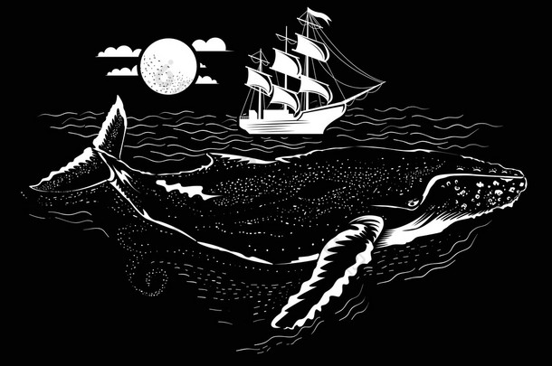 鲸鱼在水面下的插图。上面的小船