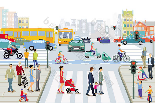 人行道上有交通和行人的城市