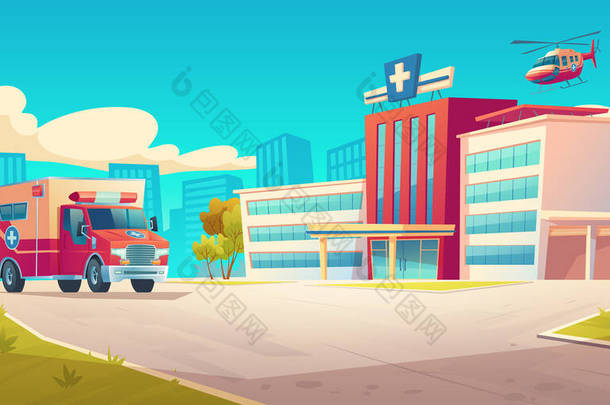 有医院大楼和救护车的城市景观