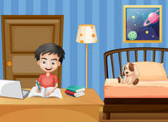 男孩儿在卧室插图中书写的场景