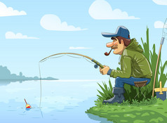 河上杆捕鱼的渔民