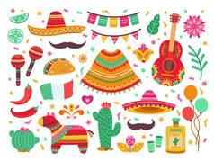 Cinco de mayo 。吉他派对，孤立的墨西哥嘉年华装饰。仙人掌、缎子生日喜庆元素、西班牙山楂集