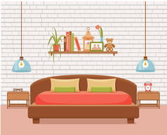 多彩的插图酒店公寓家具床, 床头桌, 台灯, 房子植物.
