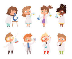 科学小子们化学实验室里的孩子们男孩和小女孩是个有趣的人