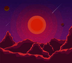 日落、行星和星空的风景。空间景观在深紫色，紫色。自然背景。eps10