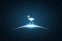 太空中孤独的火烈鸟用濒危鸟类的白色轮廓和发光的轮廓来说明的概念。贺卡、招贴画和其他设计的超现实蓝色背景