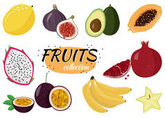 新鲜水果收集。一套甜的水果。柠檬，木瓜，龙果，石榴，西番莲果，香蕉，星果.