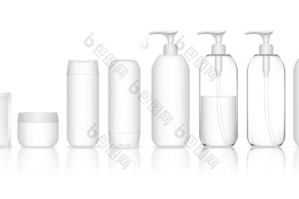 用于<strong>液</strong>体、奶油、凝胶、<strong>乳液</strong>的化妆品容器.收集洗发水瓶。美容产品包，图解.