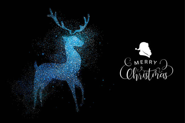 圣诞快乐蓝鹿豪华贺卡设计。由黑色背景上的金属闪光灰尘制成的驯鹿