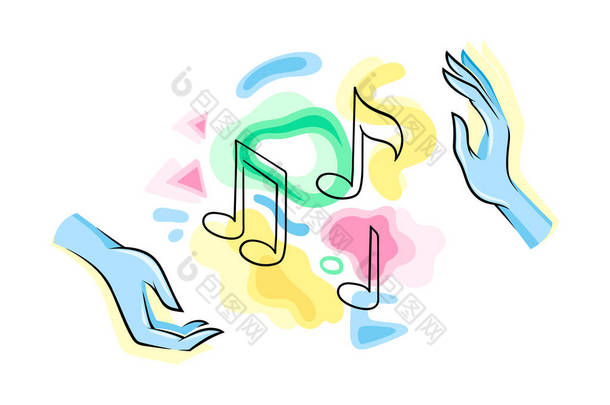 人的手，有五彩缤纷的抽象形状和曲线优美的乐谱