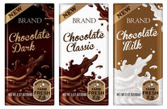 包装模拟了三种类型的巧克力, 黑暗, 经典和乳制品与液体巧克力和牛奶的飞溅的形象.
