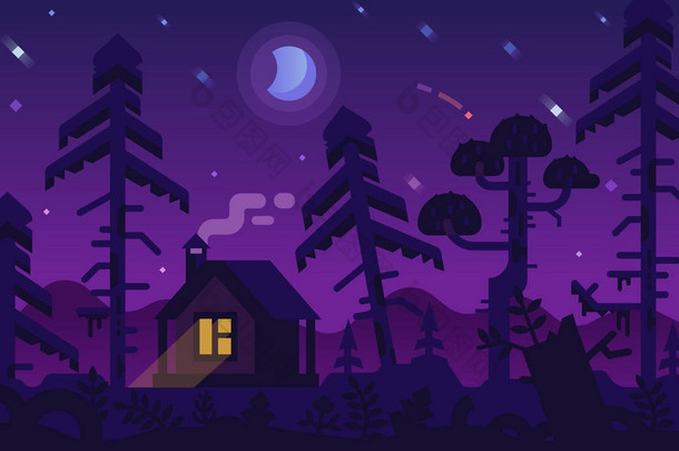 狩猎小屋在夜森林里