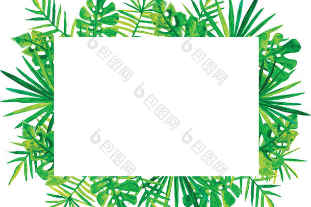 手绘热带棕榈叶框架与白色板复制空间。明信片邀请函
