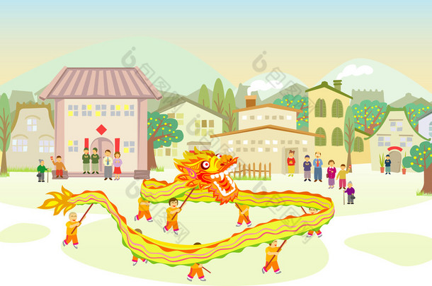 舞龙运动游行时中国农历新年的一天