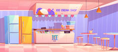 冰淇淋店内部有冰箱和桌子