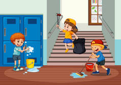 志愿者孩子清洁学校走廊例证