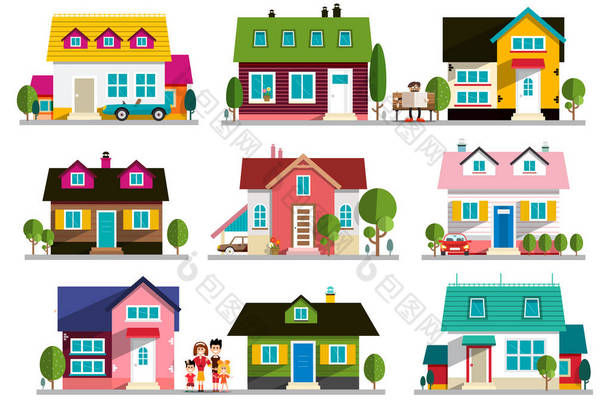 家庭<strong>住宅图标</strong>。家庭符号。在白色背景下设置隔离的建筑物.