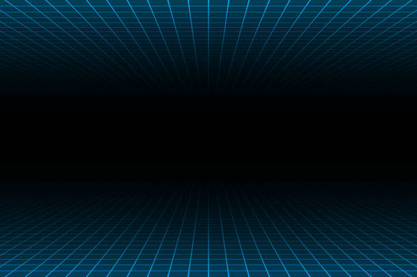 在暗背景、复制空间组成、 90年代复古技术概念的网格上和网格下的一个点透视蓝光.