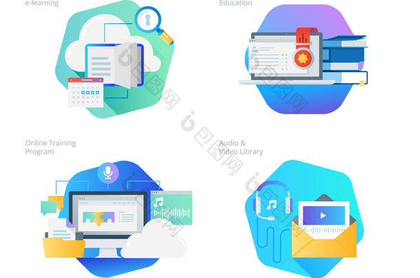 材料设计图标设置为远程教育，音频和视频库、 在线<strong>培训</strong>和课程，自学电子学习