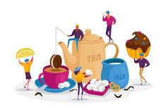 人们喝茶，热饮派对。「茶壶」、「饮品杯」及「奶瓶」的男女小角色