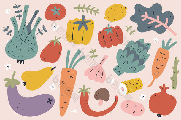蔬菜、水果、手绘涂鸦、现代群、西红柿、大蒜和洋葱、农业收获产品、从白色背景分离出来的异族全食