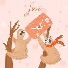 情人节贺卡与树懒在爱。快乐夫妇的动物信封.