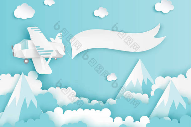 现代纸艺术云彩, 飞机, 横幅并且山。可爱的 ca