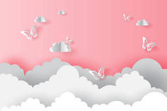 粉红情人节上有蝴蝶的纸艺术云彩 