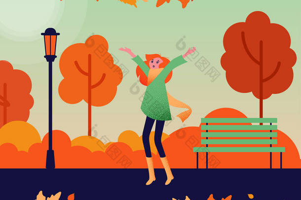快乐的女孩独自走在户外在秋天公园. 