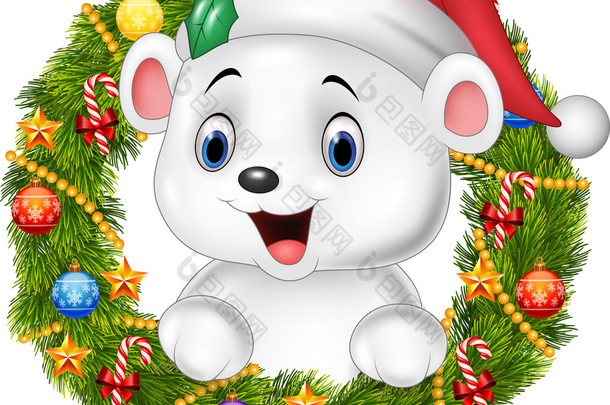 可爱的小宝贝北极熊举行圣诞花环彩带、 球与弓