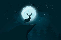 鹿剪影在满月背景