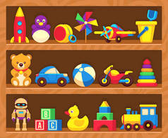 木制货架上的儿童玩具