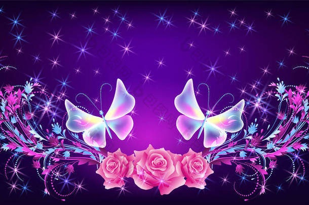 飞幻<strong>蝴蝶</strong>与粉红色的玫瑰，装饰和闪闪发光的星星
