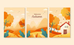 一套秋季图片集，以梯度设计的美丽的森林景观，完美的封面，活动推广和贺卡