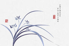 中国水墨画艺术背景植物典雅的蓝色兰花.中文译文：植物与祝福.