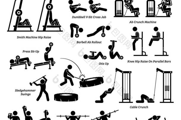腹部和腹部锻炼和肌肉锻炼棒形象图.一套附有说明和步法的体操机床用于腹肌和腹肌的举重训练报告.